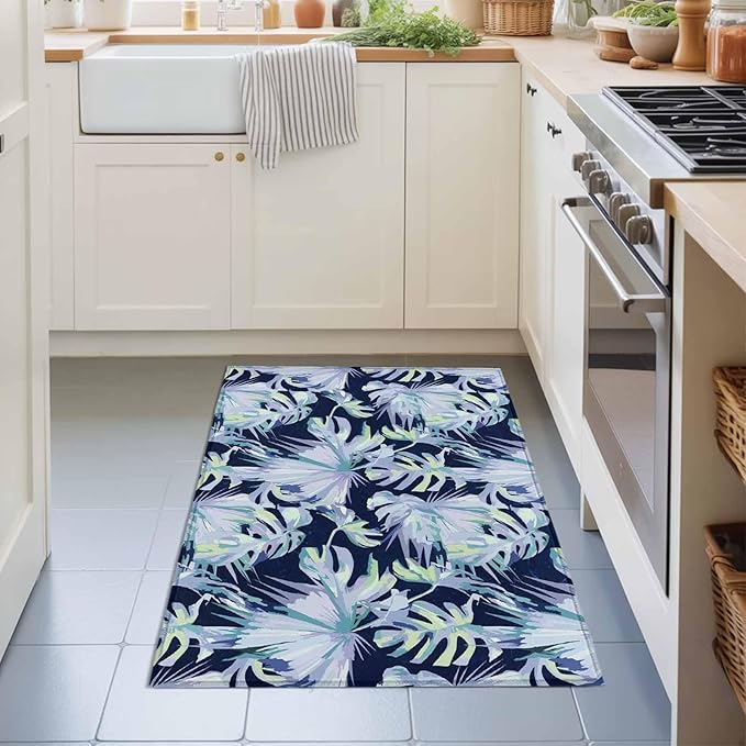 Area Rug 2x3ft, Watercolor Blue Teal Palm Leaves Washable Rugs for Living Room Bedroom, Abstract Botanical Soft Non-Slip Area Rugs Rectangle Floor Carpet for Dining Room