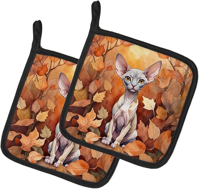 Caroline's Treasures Minskin Cat in Fall Leaves Pair of Pot Holders Kitchen Heat Resistant Pot Holders Sets Oven Hot Pads for Cooking Baking BBQ, 7 1/2 x 7 1/2