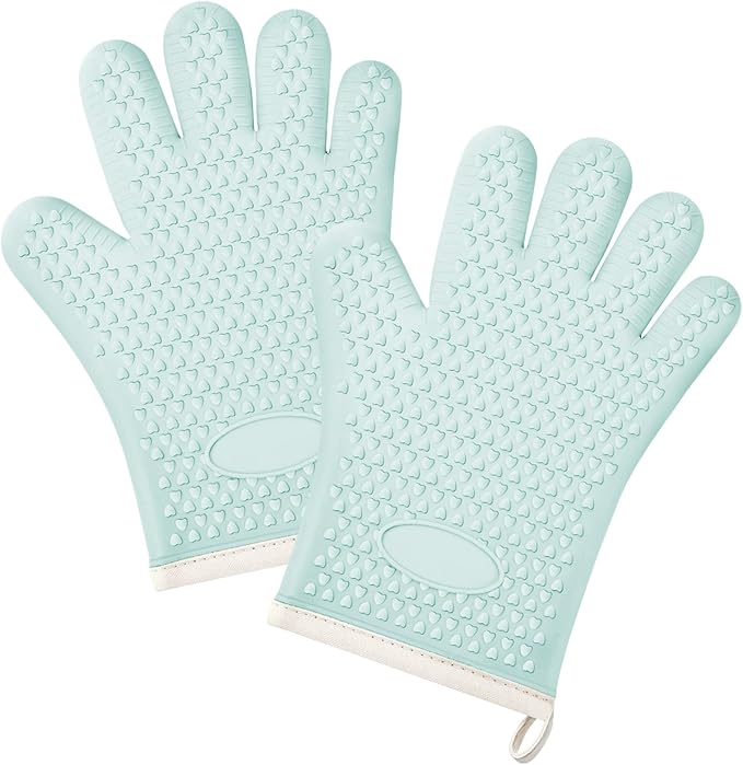 2Pack Heat Resistant Oven Mitts & Silicone Gloves with Fingers, Non-Slip Grip Food Grade Safety Mitts, Waterproof Kitchen Gloves for Cooking(Green)