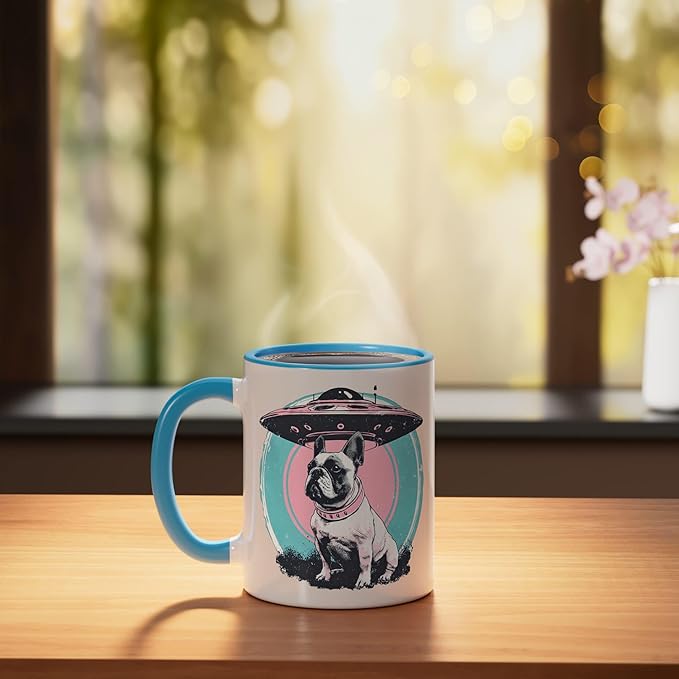 Retro UFO French Bulldog Alien Sci Fi Space Ceramic Mug, Blue/White