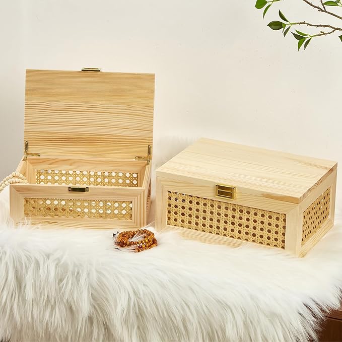 Decorative Rattan Storage Boxes Solid Wood Woven Baskets Bins with Lid Keepsake Memory Jewelry Box Natural Boho Shelf Wicker Closet Desk Organizer Container (Light Wood, Large Size)