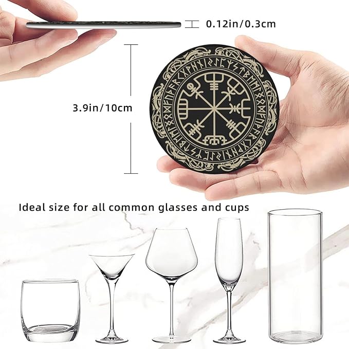 Black Viking Leather Drinks Coasters with Holder, Set of 6, Suitable for Various Cups
