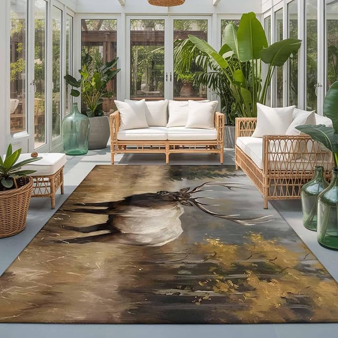 Area Rug 3x5ft, Brown Animals Elk Washable Rugs for Living Room Bedroom, Retro Forest Landscape Soft Non-Slip Area Rugs Rectangle Floor Carpet for Dining Room