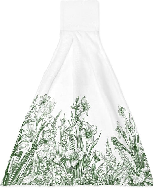 Alandar Home Kitchen Tie Towel Set of 1, Green Flowers Iris Lavender Leaves Absorbent Soft Hand Towels for Bathroom Hanging Towels, Spring Botanical Fast Drying Cleaning Cloth with Loop