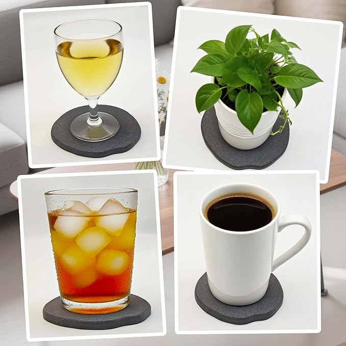 Diatomite Coasters Set of 4 | Absorbent Coasters for Drinks Cute Modern Unique Aesthetic Stone Coaster for Desks, Instant Drying, with 16 Removable Scratch Protection Pads - Dark Grey