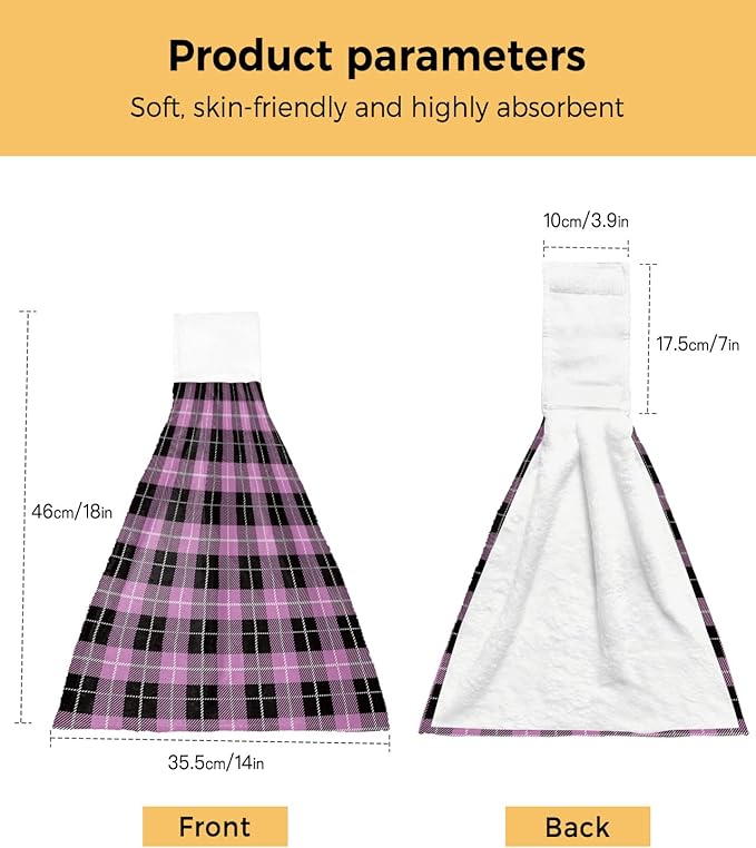 Alandar Home Kitchen Tie Towel Set of 2, Vintage Purple Black Tartan Plaid Absorbent Soft Hand Towels for Bathroom Hanging Towels, Retro Geometric Art Fast Drying Cleaning Cloth with Loop