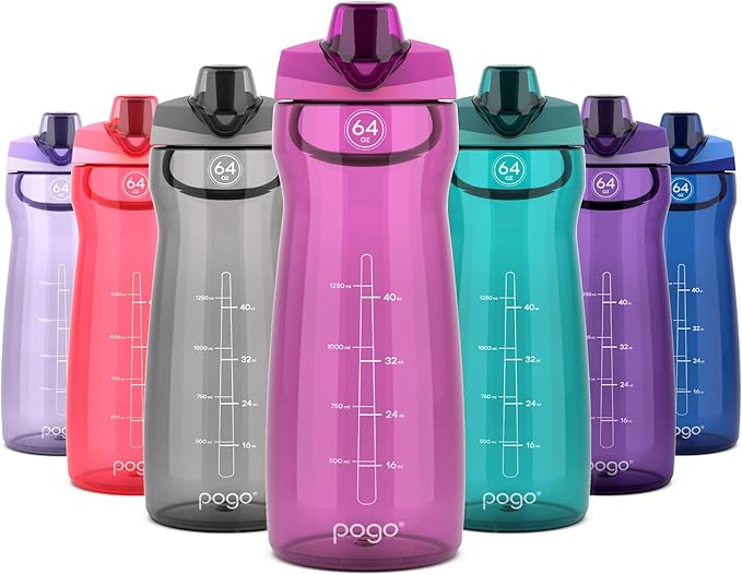 Pogo Plastic Water Bottle with Chug Lid and Carry Handle, Reusable, BPA Free, Dishwasher Safe, Perfect for Travel, School, Outdoors, and Gym | 18oz, 32oz, 40oz, 64oz