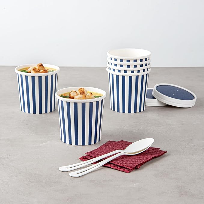 Restaurantware Bio Tek 12 Ounce Soup Containers 200 Durable Soup Bowls - Disposable Sustainable Blue And White Paper Soup Cups Striped Round For Hot Or Cold Foods