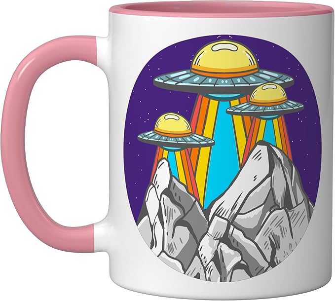 UFO Mountains Retro Spaceship Alien ET Space Galaxy Gift Ceramic Mug, Pink/White