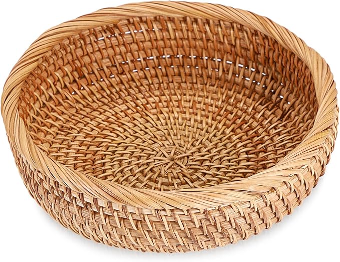 Small Keys Basket for Entryway Table 7.9" Rattan Key Bowl Round Wicker Basket Tray Handwoven Baskets Key Holder for Wallet Remote Candy