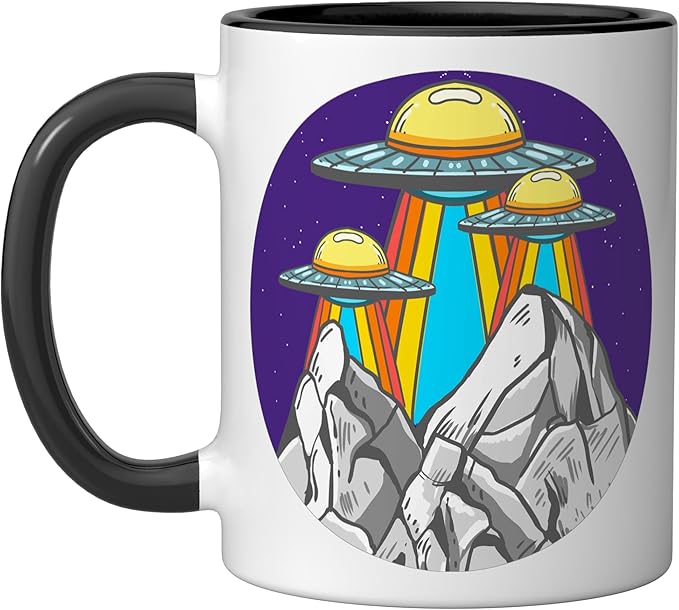UFO Mountains Retro Spaceship Alien ET Space Galaxy Gift Ceramic Mug, Black/White