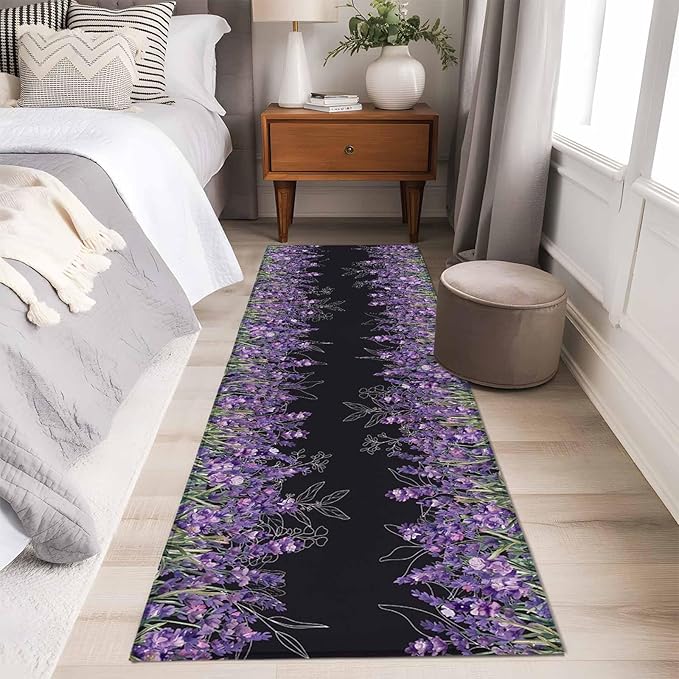 Runner Rug for Bedroom Hallway, Spring Purple Lavender Flower Kitchen Runner Rugs Area Rug 2x6ft, Watercolor Floral on Black Washable Soft Floor Carpet for Entryway Stair