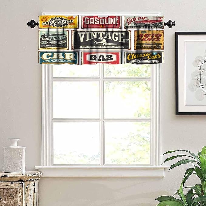 1950s Retro Valances Curtains Vintage Car Signs Automobile Advertising Repair Vehicle Garage Classics Servicing Windows Short Curtain Valance for Kitchen Bedroom with Rod Pocket 1 Panel 54X18 Inches