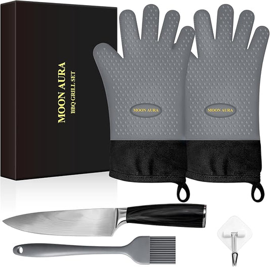 Silicone Smoker Oven Gloves - BBQ Gloves with Sharp Knife, Basting Brush and Sticky Hook.