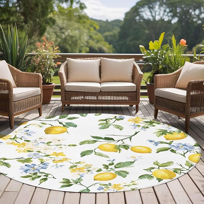 Washable Round Area Rug Summer Watercolor Lemon Flower Circle Rugs Floor Carpet for Living Room Bedroom, Spring Farm Fruit Green Leaf Soft Non Slip Round Rug 5ft