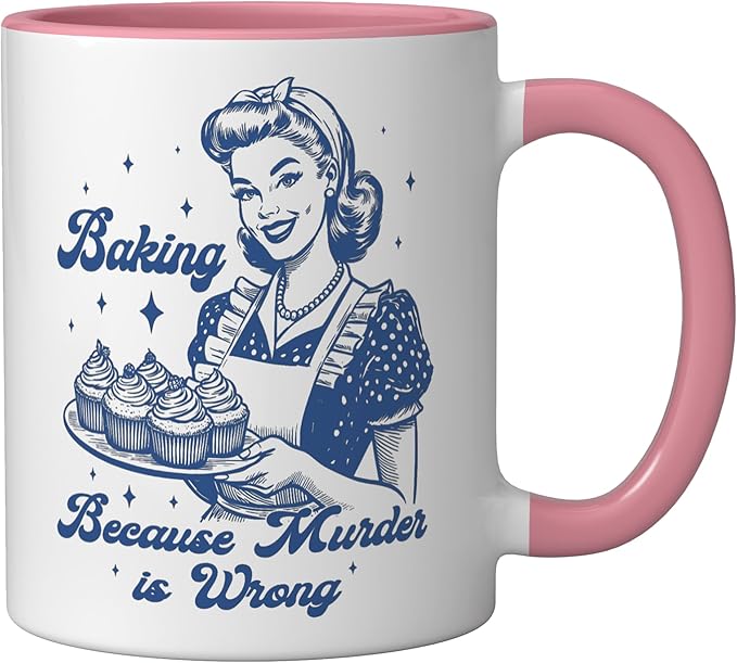 Baking Because Murder Is Wrong Funny cooking baking Ceramic Mug, Pink/White