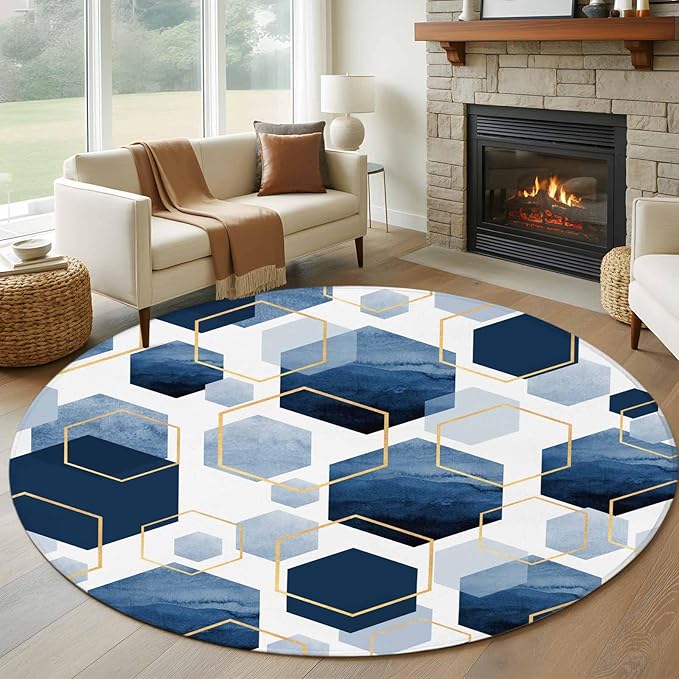 Washable Round Area Rug Watercolor Blue Hexagon Circle Rugs Floor Carpet for Living Room Bedroom, Abstract Geometric Art Soft Non Slip Round Rug 5ft