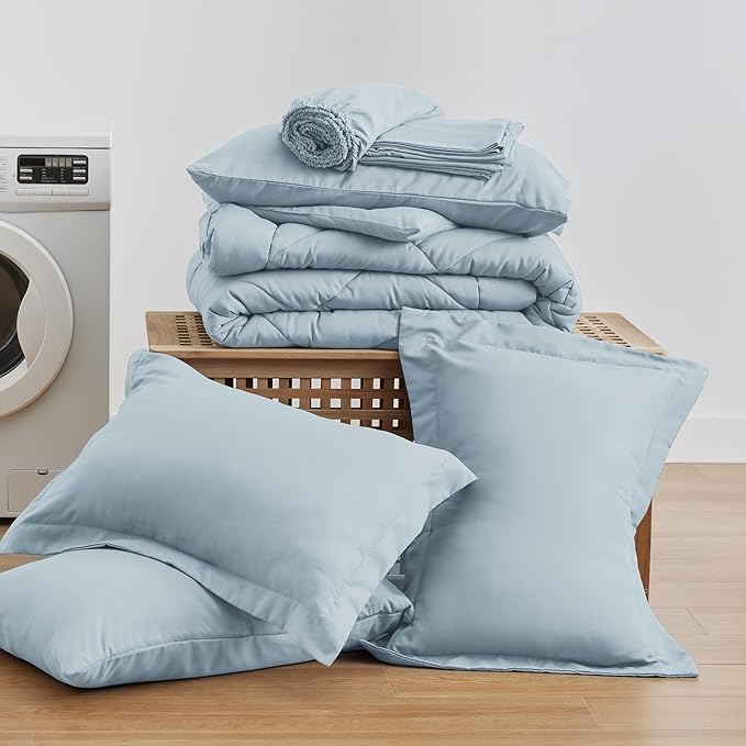 Love's cabin California King Comforter Set Light Blue, 7 Pieces California King Bed in a Bag, All Season Bedding Sets with 1 Comforter, 1 Flat Sheet, 1 Fitted Sheet, 2 Pillowcase and 2 Pillow Sham | Soft, Breathable, Lightweight, Comfortable