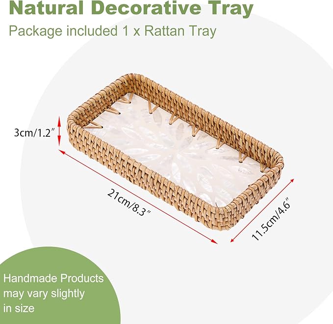 Decorative Key Basket for Entryway Small Handwoven Rattan Tray Rectangular Key Holder Tray Wicker Basket Organizer for Keys Remote Control Jewelry, White