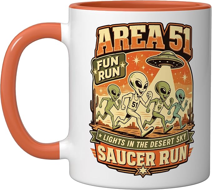 Area 51 Fun Run Saucer Run Alien Ceramic Mug, Orange/White