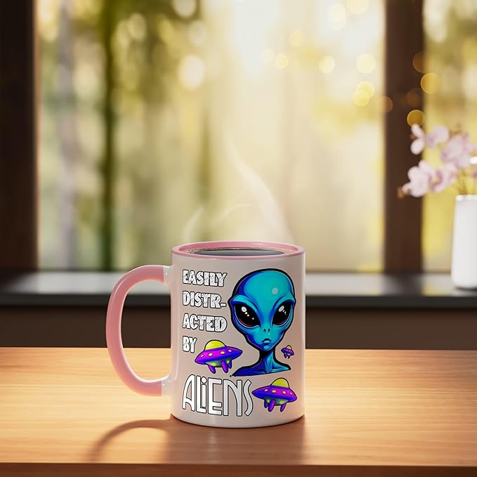 Easily Distracted By Aliens Funny Sci Fi Apparel Design Ceramic Mug, Pink/White