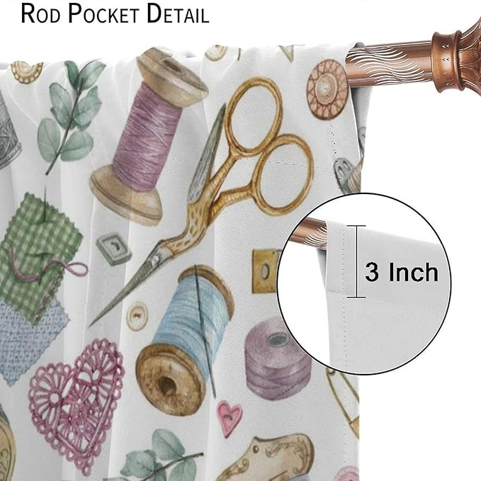 Sewing Mashine Window Curtain,Vintage Style Sewing Tool Needle Thread Watercolor Blackout Curtains for Bedroom Cafe Dining Room Office Living Room Kitchen Drapes, 42x63 in