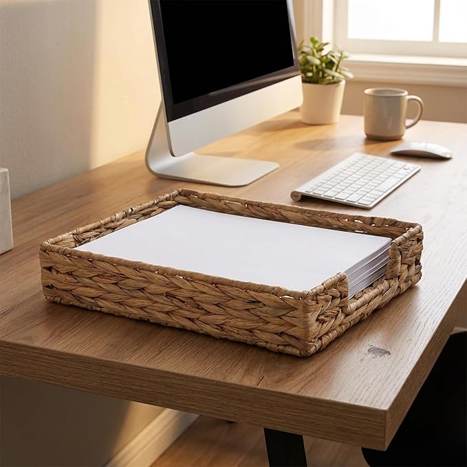 2 Pcs A4 File Tray, Water Hyacinth Desk Basket, Wicker Paper Tray File Baskets, Woven Letter Size Documents Trays, Magazine Files Storage Basket Organizer Bin for Office, Toilet, Desk