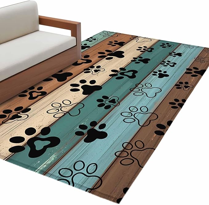 Area Rug 3x5ft, Farm Brown Wood Board Washable Rugs for Living Room Bedroom, Dog Paw Print Animal Footprint Soft Non-Slip Area Rugs Rectangle Floor Carpet for Dining Room