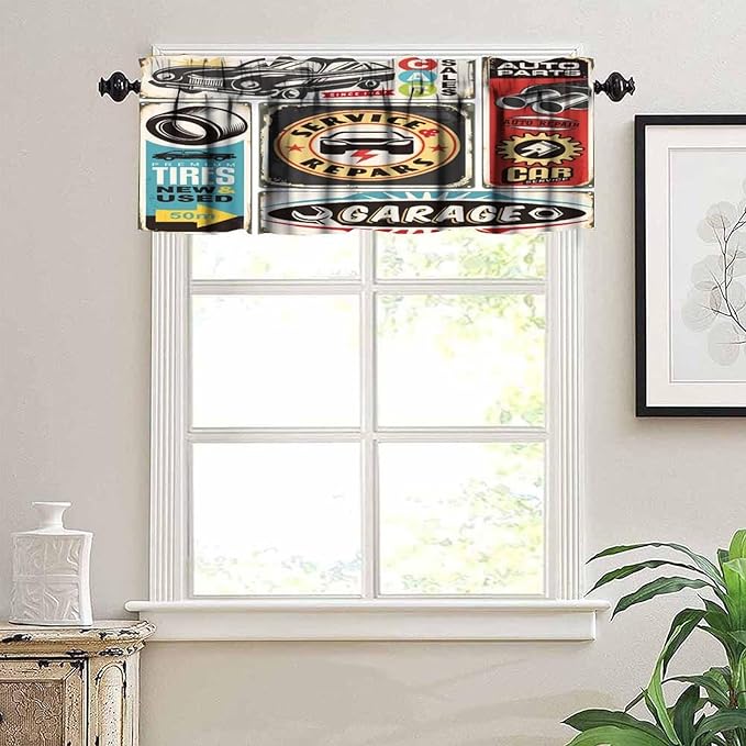 1950s Retro Valances Curtains Vintage Car Signs Automobile Advertising Repair Vehicle Garage Servicing, Windows Short Curtain Valance for Kitchen Bedroom with Rod Pocket, One Panel 54X18 Inches