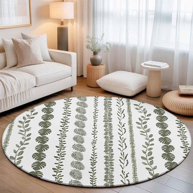 Washable Round Area Rug Summer Tropical Leaf Seamless Circle Rugs Floor Carpet for Living Room Bedroom, Farmhouse Green Leaves Plant Soft Non Slip Round Rug 5ft