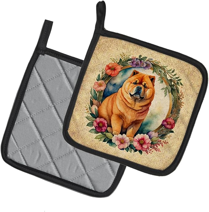 Caroline's Treasures Chow Chow and Flowers Pair of Pot Holders Kitchen Heat Resistant Pot Holders Sets Oven Hot Pads for Cooking Baking BBQ, 7 1/2 x 7 1/2