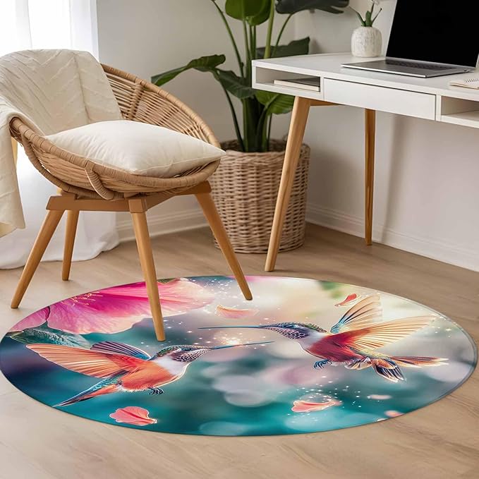 Washable Round Area Rug Spring Hummingbird Pink Petals Flowers Circle Rugs Floor Carpet for Living Room Bedroom, Dreamlike Animal Focus Scenery Soft Non Slip Round Rug 3ft