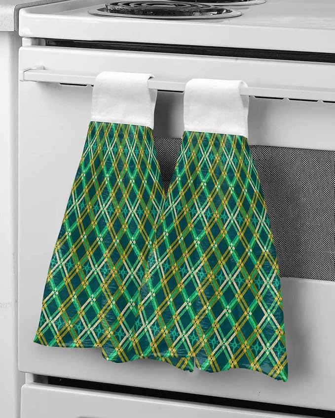Alandar Home Kitchen Tie Towel Set of 2, Green Tartan Vintage Plaid Absorbent Soft Hand Towels for Bathroom Hanging Towels, Abstract Geometric Seamless Fast Drying Cleaning Cloth with Loop