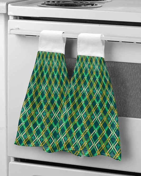 Alandar Home Kitchen Tie Towel Set of 2, Green Tartan Vintage Plaid Absorbent Soft Hand Towels for Bathroom Hanging Towels, Abstract Geometric Seamless Fast Drying Cleaning Cloth with Loop