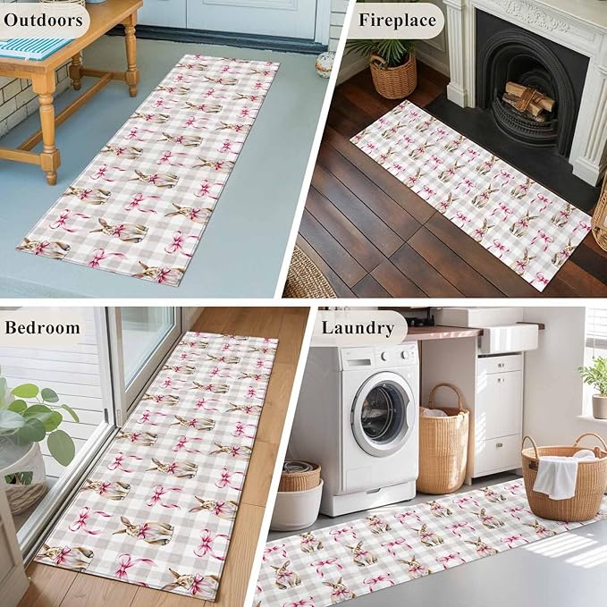 Runner Rug for Bedroom Hallway, Easter Rabbit Pink Bow Kitchen Runner Rugs Area Rug 2x6ft, Seamless Bunny Gray Buffalo Plaid Washable Soft Floor Carpet for Entryway Stair
