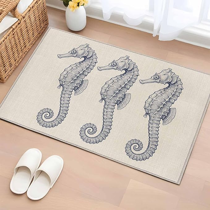 Area Rug 2x3ft, Marine Life Seahorse on Burlap Washable Rugs for Living Room Bedroom, Farmhouse Ocean Theme Soft Non-Slip Area Rugs Rectangle Floor Carpet for Dining Room