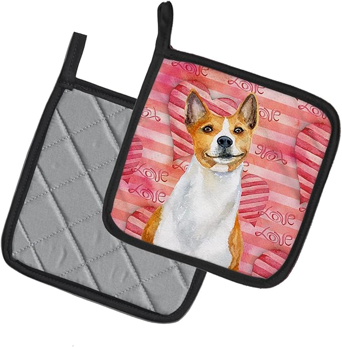 Caroline's Treasures BB9779PTHD Basenji Love Pair of Pot Holders, Red Kitchen Heat Resistant Pot Holders Sets Oven Hot Pads for Cooking Baking BBQ, 7 1/2 x 7 1/2