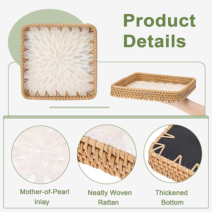 Handwoven Rattan Key Bowl Natural Wicker Serving Tray with Mother-of-Pearl Inlay Decorative Square Serving Tray, White