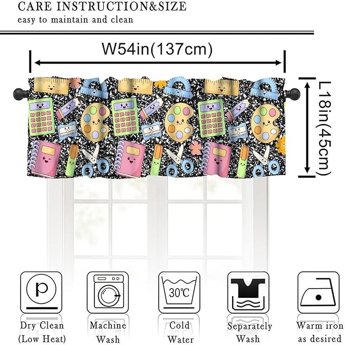 School Supplies Valance, Kids Cute Cartoon Educational Learning Tools Window Treatment for Kitchen Dining Room Bedroom Classroom, 54x18Inch