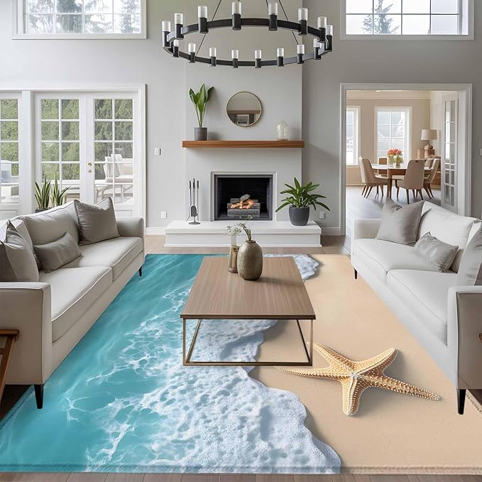 Area Rug 6x9ft, Beach Starfish Teal Sea Water Washable Rugs for Living Room Bedroom, Summer Ocean Theme Soft Non-Slip Area Rugs Rectangle Floor Carpet for Dining Room