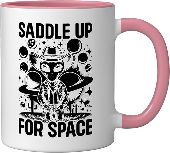 Alien Lover Flying Saucer UFO Extraterrestrial Cowboy Ceramic Mug, Pink/White