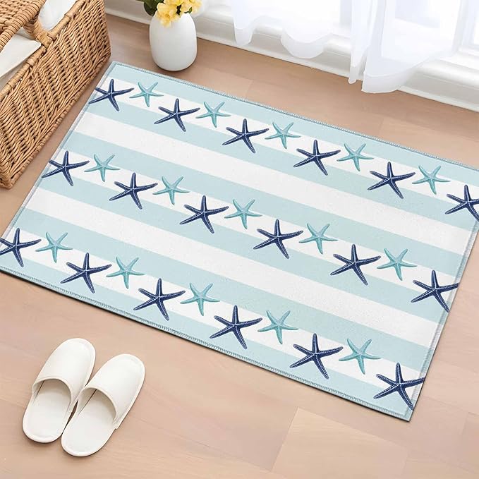 Area Rug 2x3ft, Summer Coastal Starfish Blue Teal Washable Rugs for Living Room Bedroom, Watercolor Ocean Theme Stripe Soft Non-Slip Area Rugs Rectangle Floor Carpet for Dining Room