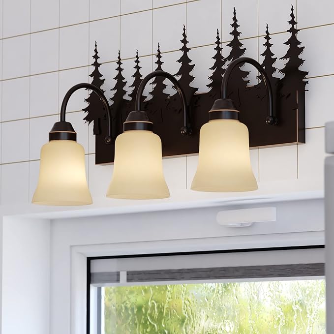 VAXCEL Yosemite 3-Light 24.75 inch Wide Burnished Bronze Rustic Cabin Bathroom Vanity Lighting Fixture, Amber Flake Glass Shade, Tree Motif, Dimmable, LED Compatible, Over the Mirror Wall Mounted