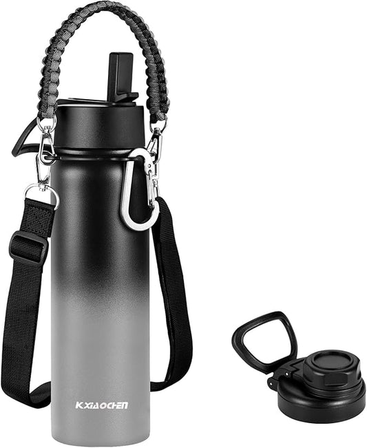 KXIAOCHEN Insulated Water Bottle, Stainless Steel Water Bottle, 2 Lids (Straw and Handle Lid),Wide Mouth Metal Water Bottles Keep Hot and Cold, Double Walled, Thermo Mug, Metal Canteen