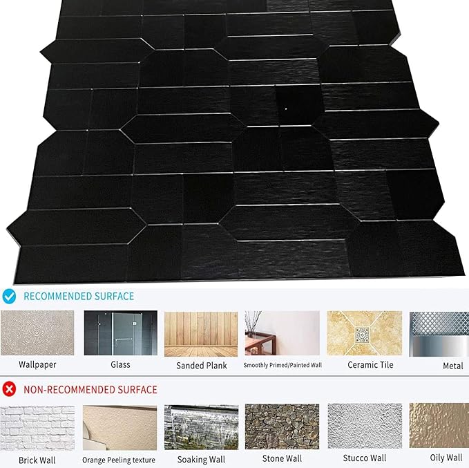 XUANINY 7-Sheet Peel and Stick Metal Backsplash Tiles, Self Adhesive Multiple-Shapes Aluminum Mosaic 3D Wall Sticker for Kitchen Bathroom Decor (7, Brushed Black)