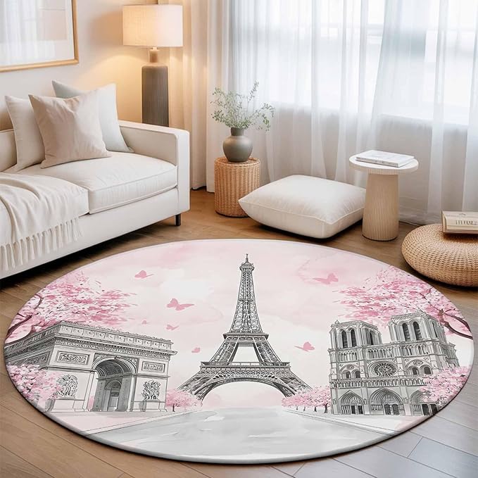 Washable Round Area Rug Modern Pink Flower Paris Landmarks Circle Rugs Floor Carpet for Living Room Bedroom, Towel Architecture Soft Non Slip Round Rug 5ft
