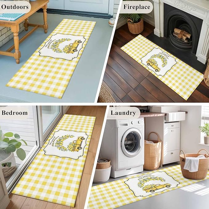 Runner Rug for Bedroom Hallway, Farm Yellow Truck Lemon Fruit Kitchen Runner Rugs Area Rug 2x6ft, Flower Leaves Buffalo Plaid Washable Soft Floor Carpet for Entryway Stair