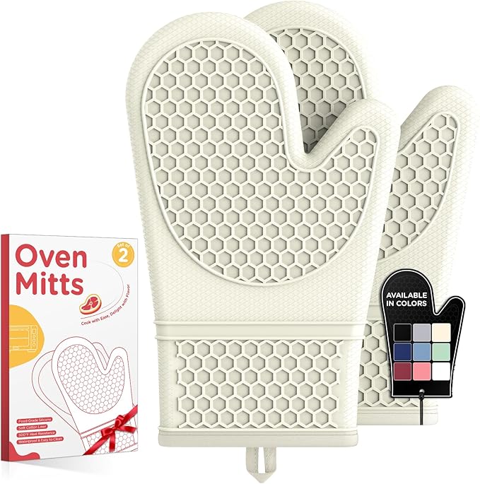 Kitsure Silicone Oven Mitts, Set of 2, Heat Resistant, Oven Gloves with Soft Lining, Non-Slip Kitchen Essentials, Kitchen Gadgets, Apartment Essentials, Great Gift for Cooking, Baking, Beige