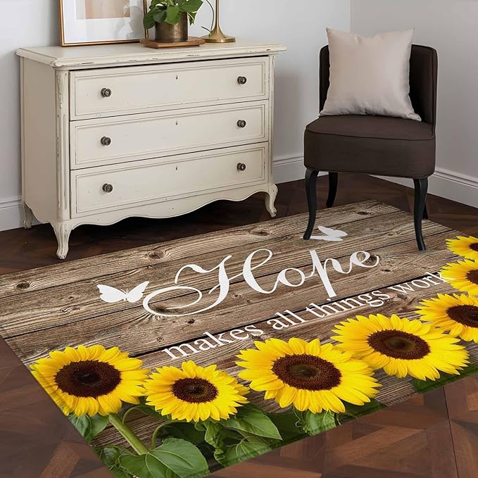 Area Rug 3x5ft, Farm Sunflower Positive Energy Quote Washable Rugs for Living Room Bedroom, Retro Dark Brown Wood Grain Soft Non-Slip Area Rugs Rectangle Floor Carpet for Dining Room