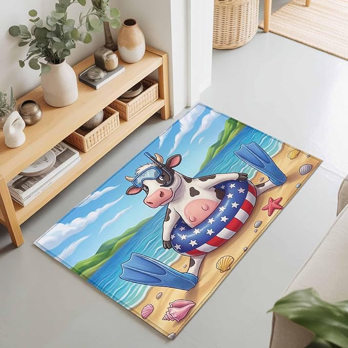 Area Rug 2x3ft, Summer Beach Snorkeling Cow Washable Rugs for Living Room Bedroom, Ocean Starfish Funny Animal Art Soft Non-Slip Area Rugs Rectangle Floor Carpet for Dining Room